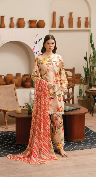 Fancy 3pc Baroque Lawn D6073